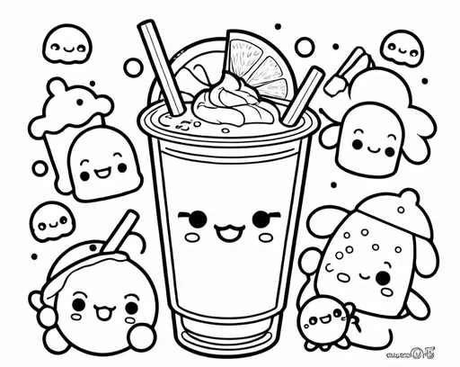 Prompt: B&W coloring book page, boba tea a playful setting, line art, solid white background, kawaii