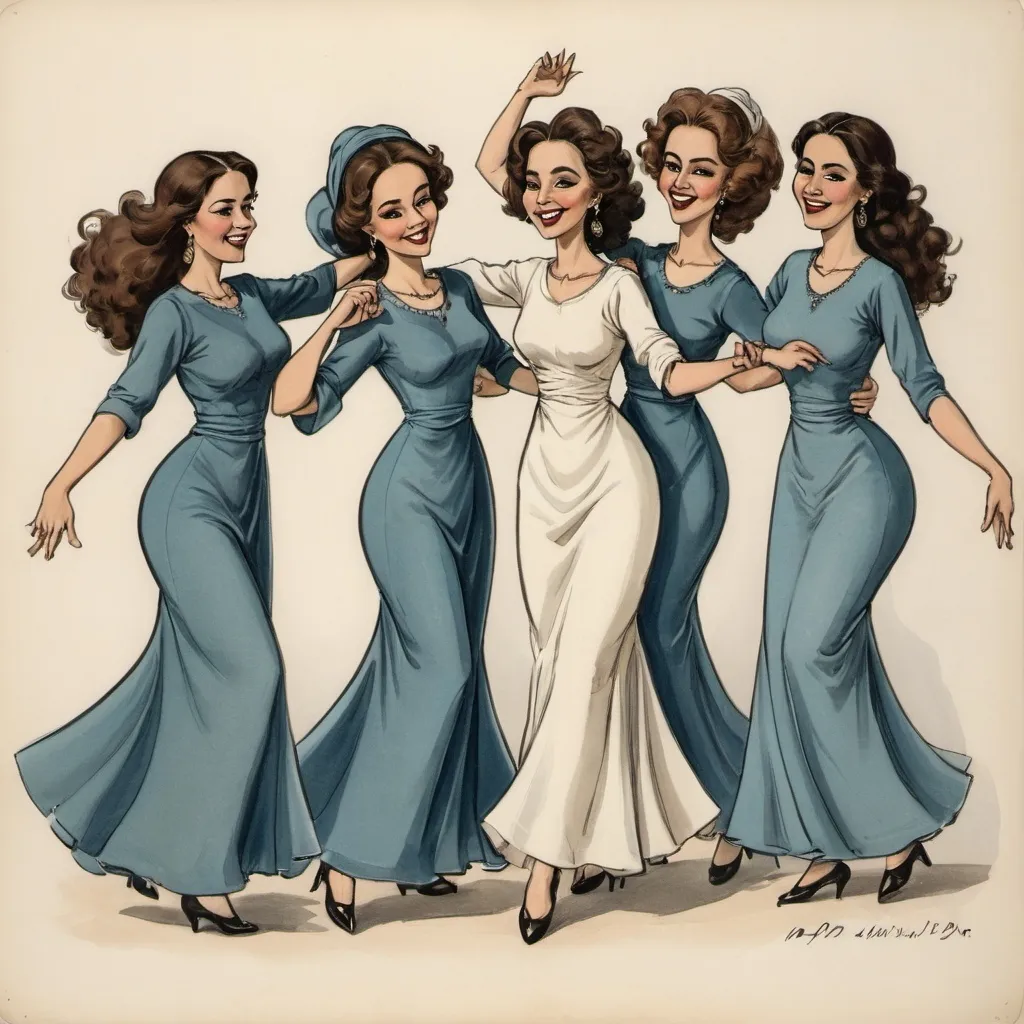 Prompt: caricature of seven women dancing wearing modest evening dresses and high heela. please add text: " התל אביביות קורעות את הרחבה"