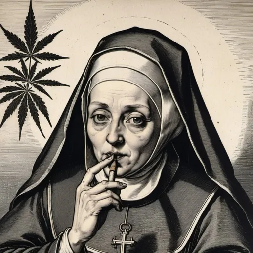 Prompt: A stern looking nun smoking a marijuana joint. Detailed 17th century etch, hatched