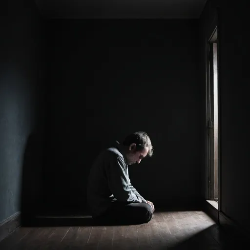 Prompt: A lonely person is sitting in a dark room, head bowed.