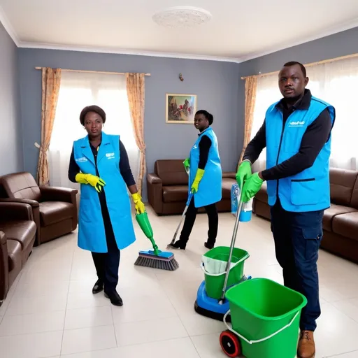 Prompt: Un salon propre et bien ranger dans lequel les agents de nettoyage africain sont en action avec des produits en gilet couleur bleu-vert avec le nom « DD Cleaning Services 