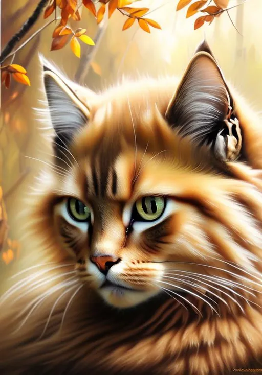 Prompt: Realistic oil painting of a majestic cat, golden and earthy tones, tranquil forest setting, piercing amber eyes, luxurious fur with rich textures, peaceful expression, high quality, ultra-realistic, oil painting, detailed fur, serene atmosphere, professional, natural lighting