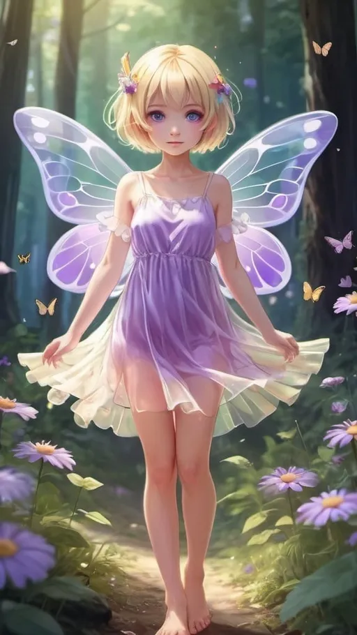 Prompt: little fairy girl with short blond hair, purple eyes, bob hairstyle, transparent wings, transparent light short dress, bare feet, clearing in the forest, flowers, butterfly style, anime style, candy color