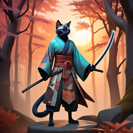 Prompt: (catfolk male with Siamese coat pattern), (anime style), (warm color scheme), fantasy art, dressed as a rurouni, dual katanas, intricate details in clothing, dynamic pose, immersive setting, enchanted forest backdrop, mystical aura, sunset lighting, rich textures, ultra-detailed, high quality, vibrant and atmospheric scene.