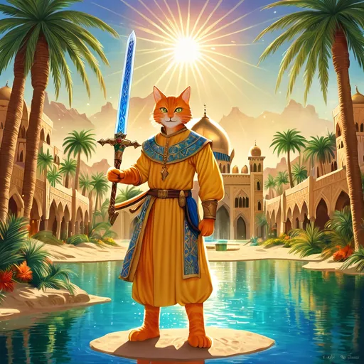 Prompt: (orange male catfolk), dressed in (blue and yellow medieval Arab clothing), wielding a (sword) simitar, standing against a stunning (oasis) backdrop, with lush palm trees and sparkling water, in a vibrant and (atmospheric) setting, warm sunlight filtering through the scene, richly colored, enchanting details, highly detailed, inviting ambiance, magical realism, captivating composition.