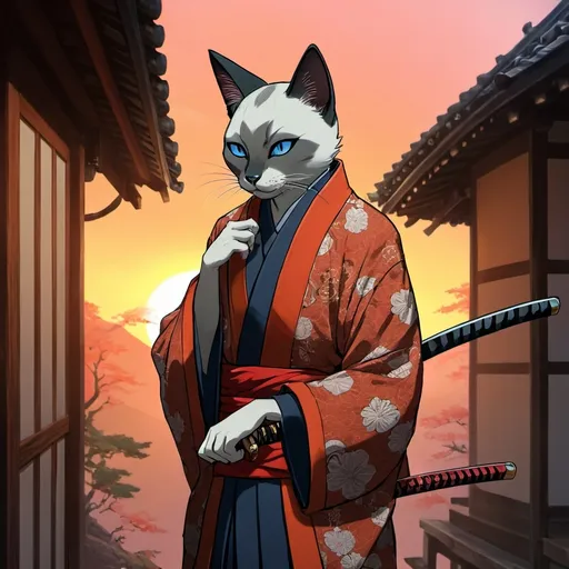 Prompt: (catfolk male with Siamese coat pattern), (anime style), (warm color scheme), fantasy art, dressed as a rurouni, dual katanas, intricate details in clothing, immersive setting, traditional Japanese house interior backdrop, sunset lighting, rich textures, ultra-detailed, high quality, vibrant and atmospheric scene.