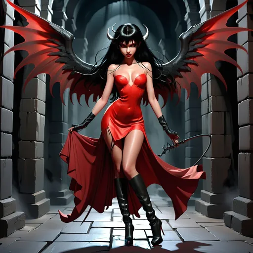 Prompt: (tall full-length beautiful demon Angel), striking black hair cascading down her back, (elegant black angel wings) spread wide, wearing a (short, red dress) that contrasts sharply with her look, (black high-heeled boots), captivating and fierce pose, one hand holds a long black whip, in a dungeon with enchanting ambiance, (dramatic lighting), high contrast between dark and vibrant colors, showcasing a (fantastical fantasy) setting. Perfect for a stunning visual impact, ultra-detailed, 4K quality.