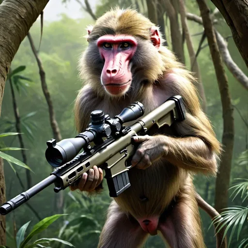 Prompt: Baboon with sniper rifle in the trees, realistic digital painting, intense gaze, sniper rifle, high quality, detailed, realistic, intense, natural lighting, jungle setting, Aiming down sights, massive shlong