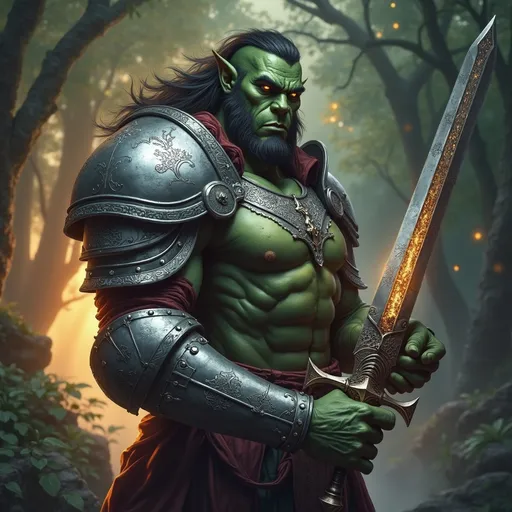 Prompt: Imagine a striking Handsome Orc Paladin, clad in intricately detailed gleaming armor that catches the soft, golden rays of dawn filtering through the trees in an ancient forest. His muscular frame exudes strength, yet his expression is noble and compassionate, with his emerald green skin contrasting beautifully against the polished silver of his armor. He stands proudly on a rocky outcrop, gripping a magnificent sword that glows faintly with celestial energy, suggesting protection and honor. Wisps of morning mist curl around his feet, adding a sense of mystery, while delicate rays of sunlight highlight the intricate engravings on his armor, depicting celestial motifs. The atmosphere is serene and majestic, capturing the essence of a protector. This scene would be beautifully rendered in dark fantasy concept art style.