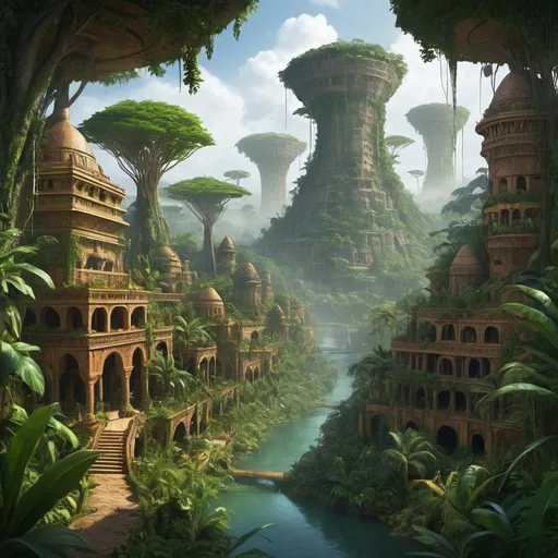 Prompt: Great advanced civilisation mythical African living city in the jungle, mystical and grand architecture, lush greenery and exotic wildlife, vibrant and rich color palette, high quality, fantasy, mythical, jungle, grand architecture, vibrant colors, mystical, exotic wildlife, mystical lighting, lush greenery, detailed and immersive