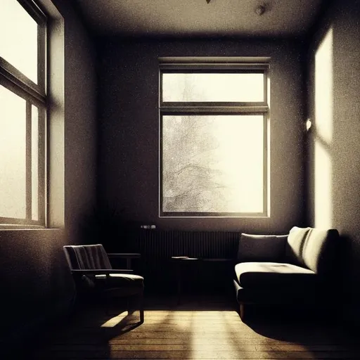 Prompt: Generate an evocative image depicting a solitary figure in a gender-neutral form, gazing lifelessly out of a small, dimly lit bedroom window. The room should be sparsely furnished with a modest-sized table and a solitary sofa chair, creating an atmosphere of isolation and emptiness. The surrounding environment outside the window should exude a profound sense of melancholy, portraying a desolate landscape that amplifies the haunting and somber tone reminiscent of the atmosphere in the movie 'Detachment' directed by Tony Kayle. Convey the emotional weight of solitude and detachment through the desolation of both the interior and exterior spaces, emphasizing the profound loneliness that engulfs the entire scene