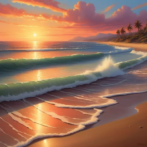 Prompt: Sunset beach landscape, calm ocean waves, sandy shore, vibrant sunset colors, high quality, realistic, warm tones, serene lighting