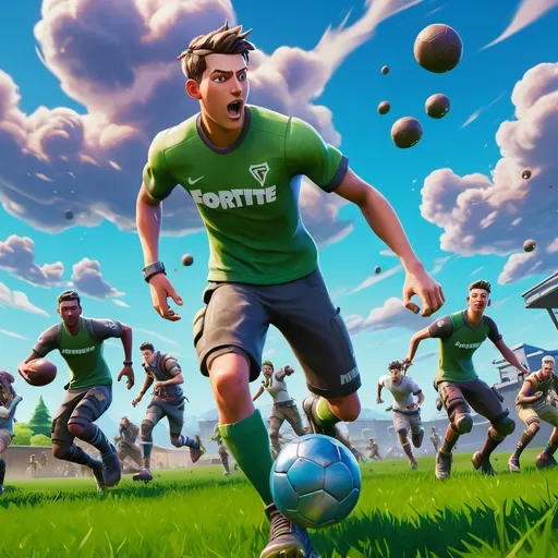 Prompt: (realism style), Jeff absorbed in an action-packed football game, capturing the thrill of the moment, energetic pose, dynamic movement, detailed facial expression, focused eyes, vibrant green football field under a bright blue sky, dramatic cloud patterns, feedback from teammates in the background, contrasting with a digital world element of Fortnite blending subtly, ultra-detailed, high-definition quality.