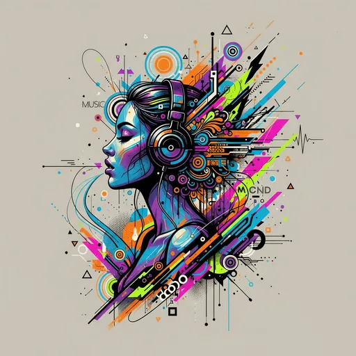 Prompt: a detailed graphic image featuring a mix of bold lines, vibrant shapes, and intricate patterns, blending digital and hand-drawn elements, forming the silohuette figure of a gorgeous female biting her lip and wearing Headphones, with a mesmerizing color palette and a balanced composition, set against a neutral background that allows the graphic to take center stage, with a focus on geometric shapes, abstract forms, and creative typography, incorporating a range of textures and visual effects to create a unique and captivating visual experience.


