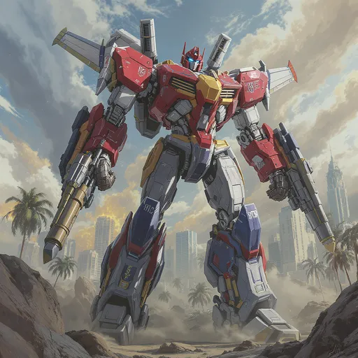 Prompt: Full body character concept art of a comic book character that is a robot in a transformer like style, very tall armed with hi tech powerful weapons. Transformer, jet fighter, robot, machine of war. Tall as a building. Background is a tropical skyline.