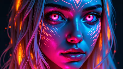 Prompt: Anime cinematic portrait of a gorgeous woman with bioluminescent intricate geometrical patterns glowing across 2/3 of her face, one eye pink and the other icy blue, symbolizing duality. Her skin glows with a cyan undertone, contrasted by vivid magenta, orange, and electric pink streaks resembling feathers and flowing energy. Ultra-detailed facial features with glossy, luminous lips in pink, long eyelashes, and piercing gaze. Futuristic Caribbean aesthetic with ancestral symbolism, glowing earrings shaped like feathers. Background dark and deep, allowing glowing lines and radiant colors to pop like living energy. High detail, glossy finish, sharp focus, vibrant anime style, cinematic lighting, expressive eyes, futuristic other worldly aura, 8K ultra-quality.