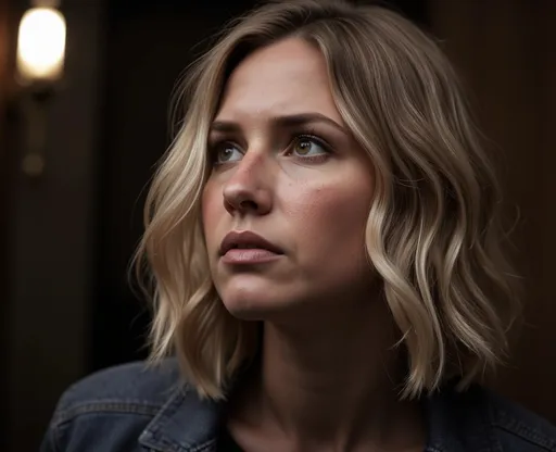 Prompt: Woman with shoulder-length blonde wavy hair and freckles. Cinematic close-up of a woman looking up anxiously with a frown.  moody lighting, dramatic composition, 35mm film style. She is frowning anxiously.