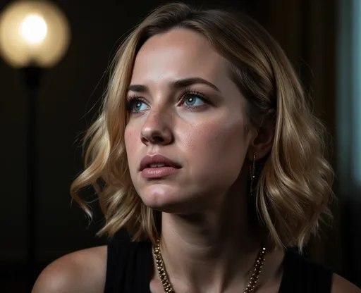 Prompt: Woman with shoulder-length blonde wavy hair and freckles. Cinematic close-up of a woman looking up anxiously with a frown.  moody lighting, dramatic composition, 35mm film style. She is frowning anxiously.