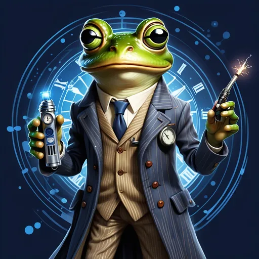 Prompt: A whimsical, anthropomorphic frog inspired by the 10th Doctor from Doctor Who, wearing a pinstripe suit and a long trench coat. The frog has a quirky and confident demeanor, holding a small sonic screwdriver-like gadget. It is set in a glowing, time-travel-themed background with swirling lights and clock gears reminiscent of the TARDIS interior. The frog embodies a charismatic and adventurous personality, with expressive eyes and a mischievous grin, perfectly blending the iconic look of the character with the charm of a frog."