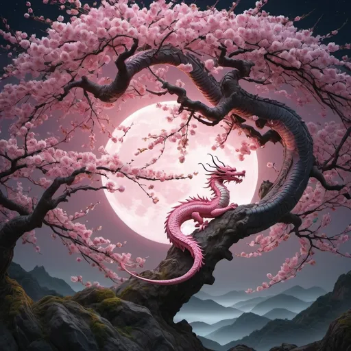 Prompt: (japanese tatsu), (ethereal), gracefully wrapped around a cherry tree, vibrant pink blossoms, grasping the moon, luminous moonlight, serene night sky, soft glow illuminating the scene, mystical ambiance, detailed scales on the dragon, intricate tree branches, high quality, enchanting and tranquil atmosphere, (ultra-detailed), (cinematic lighting)