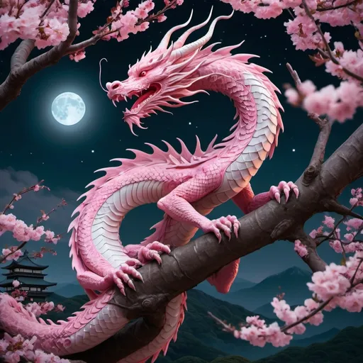 Prompt: (japanese long spirt dragon), (ethereal), gracefully wrapped around a cherry tree, vibrant pink blossoms, luminous moonlight, serene night sky, soft glow illuminating the scene, mystical ambiance, detailed scales on the dragon, intricate tree branches, high quality, enchanting and tranquil atmosphere, reaching for distant moon, (ultra-detailed), (cinematic lighting)