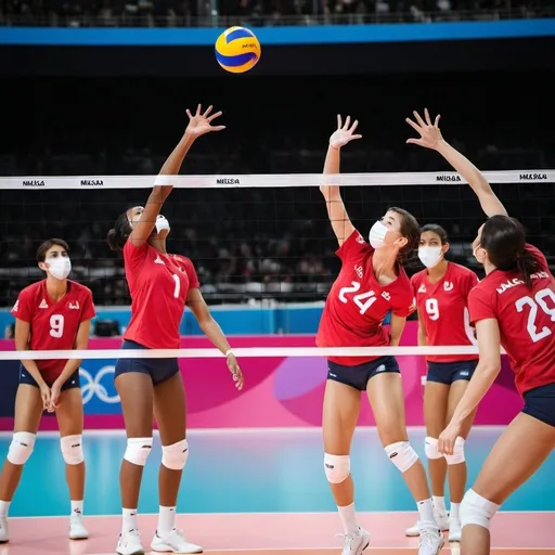 Prompt: Volleyball players at the 2024 Olympics in Paris Focus on one of the players hitting the Mikasa ball