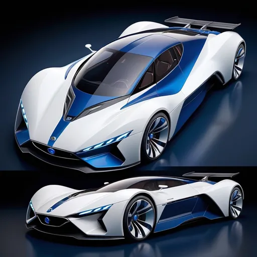 Prompt: (realism style), futuristic concept car, detailed label of all parts, (front view, back view, side view, top view), dark color scheme, (color scheme: blue and white), ultra-detailed, showcasing sleek design, highlighting features like headlights, wheels, and body shape, atmospheric lighting creating a moody vibe, high-quality image, meant for engineering enthusiasts.