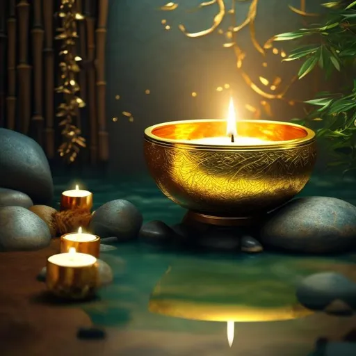 Prompt: peaceful meditative atmosphere. water flowing out from a gold bowl. bamboo leaves. stones.  candle. smoke. golden shiny  sparkling. brown 
blue green colors.  photorealistic  4k.