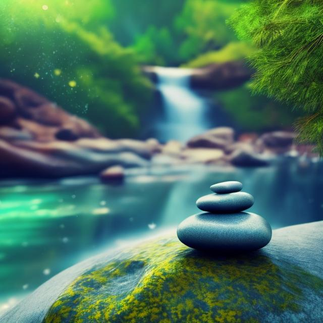 Prompt: zen stones, waterfall, meditation. shiny colors and shiny background.  stars are sparkling. tree and river. photo realistic. Resolution: 4k.