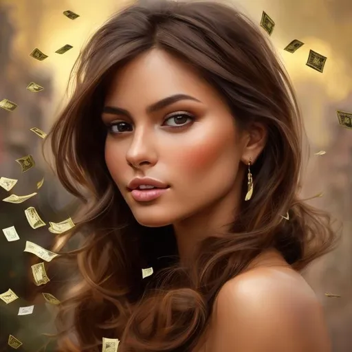 Prompt: money falling from the sky. beautiful brown hair woman. feel of luxury. Realistic shading and lighting, fine details. golden shiny colors and shiny background. photo realistic. inspired by Michael Garmash. Resolution: 4k.
