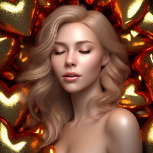 Prompt:  red hearts falling. beautiful  blond hair woman. sleeping calm. feel of dreaming  and luxury.  Realistic shading and lighting, fine details. red and golden shiny colors and shiny background. photo realistic. Resolution: 4k.