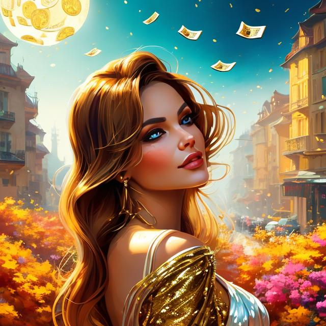 Prompt: money falling from the sky to A stunning woman with an air of elegance, exuding a sense of happyness.  Brown hair. whole body seen on the picture. Realistic shading and lighting, fine details. golden shiny colors and background.
Artistic style inspired by Ilya Kuvshinov and Michael Garmash. Resolution: 4k.