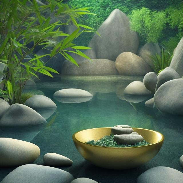 Prompt: peaceful meditative atmosphere. water flowing from a bowl. bamboo leaves. stones.  golden shiny  blue green colors.  photorealistic  4k.