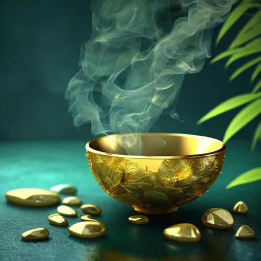 Prompt: peaceful  atmosphere. water pours into a  gold bowl. bamboo leaves. stones.  smoke.  golden shiny  sparkling.  precious stones. gold blue  green  colors.  photorealistic  4k.