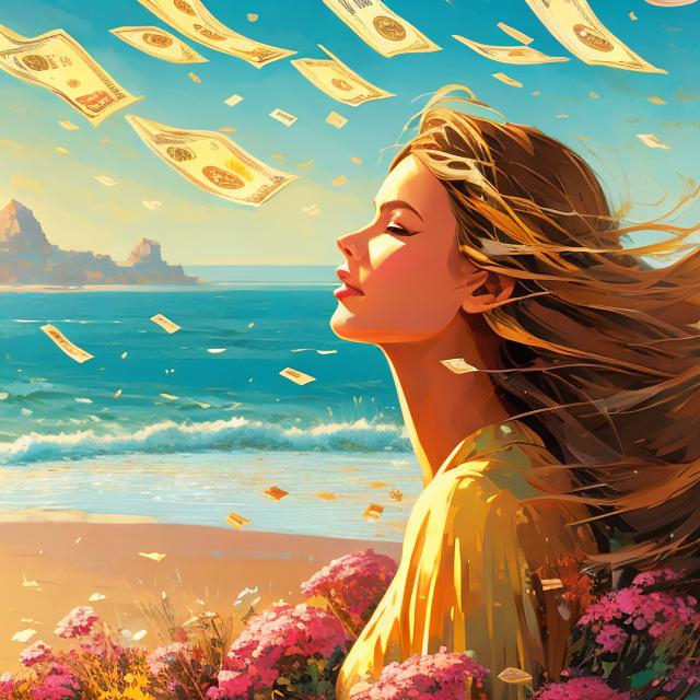 Prompt: money falling from the sky to A stunning woman with an air of elegance, exuding a sense of happyness.  Brown hair. whole body. seaside beach background. Realistic shading and lighting, fine details. golden shiny colors and background.
Artistic style inspired by Ilya Kuvshinov and Michael Garmash. Resolution: 4k.