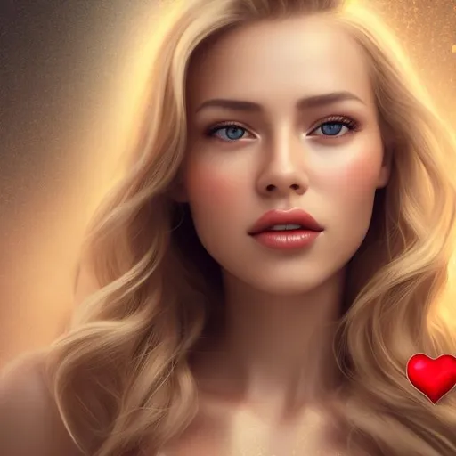 Prompt: love, red hearts falling from the sky. beautiful blond woman. feel of luxury. Realistic shading and lighting, fine details. red and golden shiny colors and shiny background. photo realistic. Resolution: 4k.