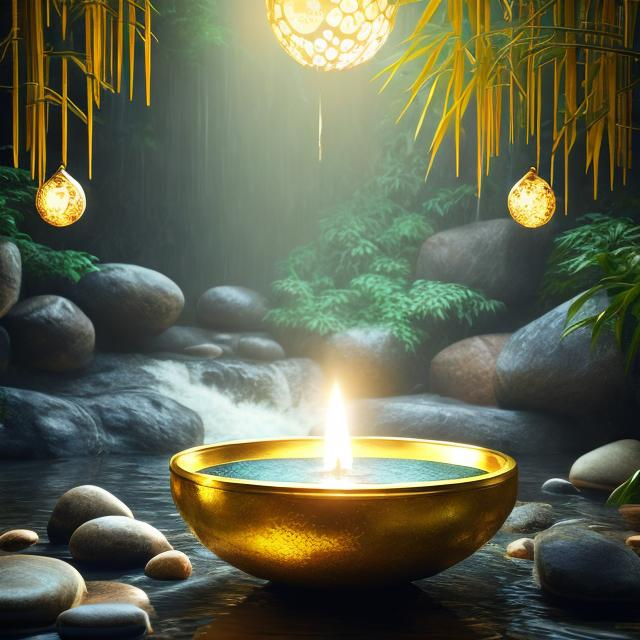 Prompt: peaceful hyperrealistyc atmosphere. water flowing out from a gold bowl. bamboo leaves. stones.  candle. smoke. moon and strars. golden shiny  sparkling. brown 
blue  colors.  photorealistic  4k.