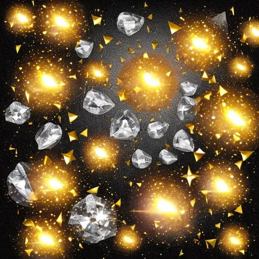 Prompt: diamonds and precios stones falling from the sky. golden shiny backgroung. photo realistic art.