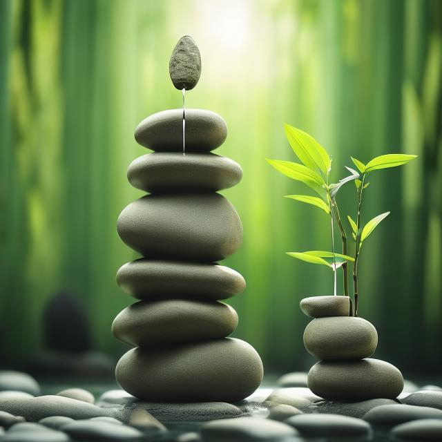 Prompt: peaceful meditative atmosphere. water drips from a pitcher. bamboo tree. zen. 3 piece of stones stacked on top of each other in balance. realisticphotorealistic  4k.