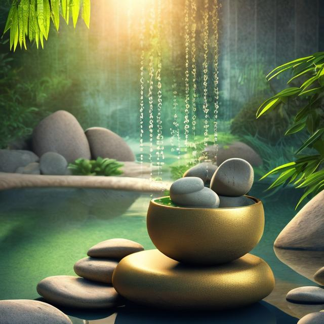 Prompt: peaceful meditative atmosphere. water flowing from a bowl. bamboo leaves. stones.  golden shiny colors.  realisticphotorealistic  4k.