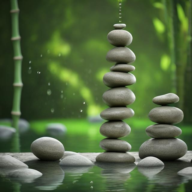 Prompt: peaceful meditative atmosphere. water drips from a pitcher. bamboo tree. zen. 3 stones stacked on top of each other in balance. water rattles. realisticphotorealistic  4k.
