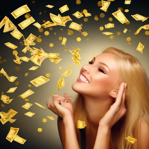 Prompt:  money falling from the sky to a happy beautiful blond woman. golden colors, golden shiny background