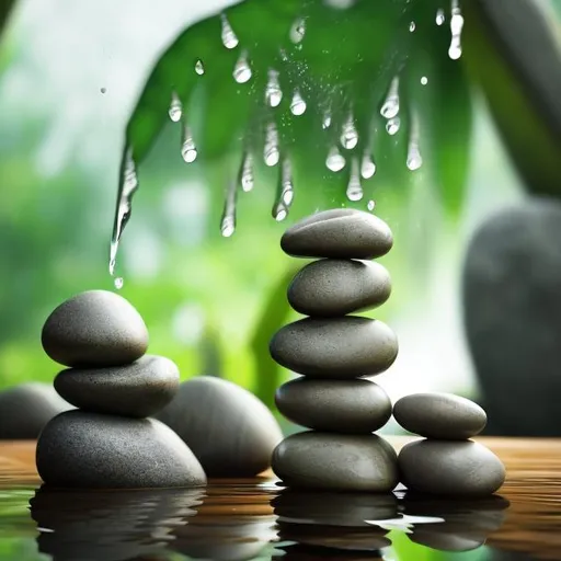 Prompt: peaceful meditative atmosphere. water dripping from a jar of bamboo leaves. zen stones stacked on top of each other in balance. water rattles. photorealistic  4k.