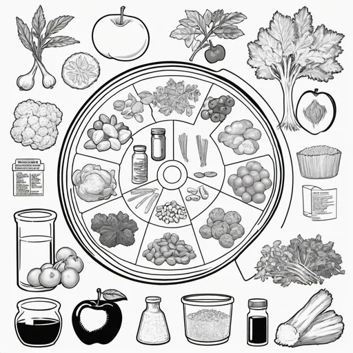 Prompt: black and white clip art depicting nutrients as ingredients geared for elementary school students
