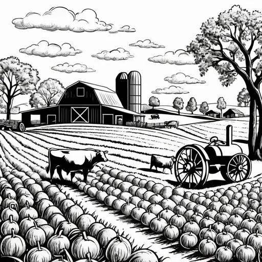 Prompt: Black and white clip art image depiction abundance on a farm