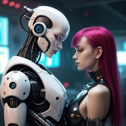 Prompt: robot and human girl love, cyberpunk