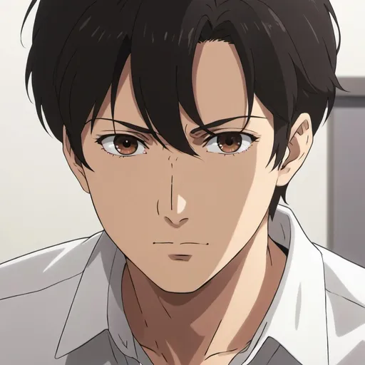 Prompt: a anime picture of a man with brown eyes and a black hair and brown eyes and a white shirt, Ayako Rokkaku, video art, rounded eyes, a screenshot