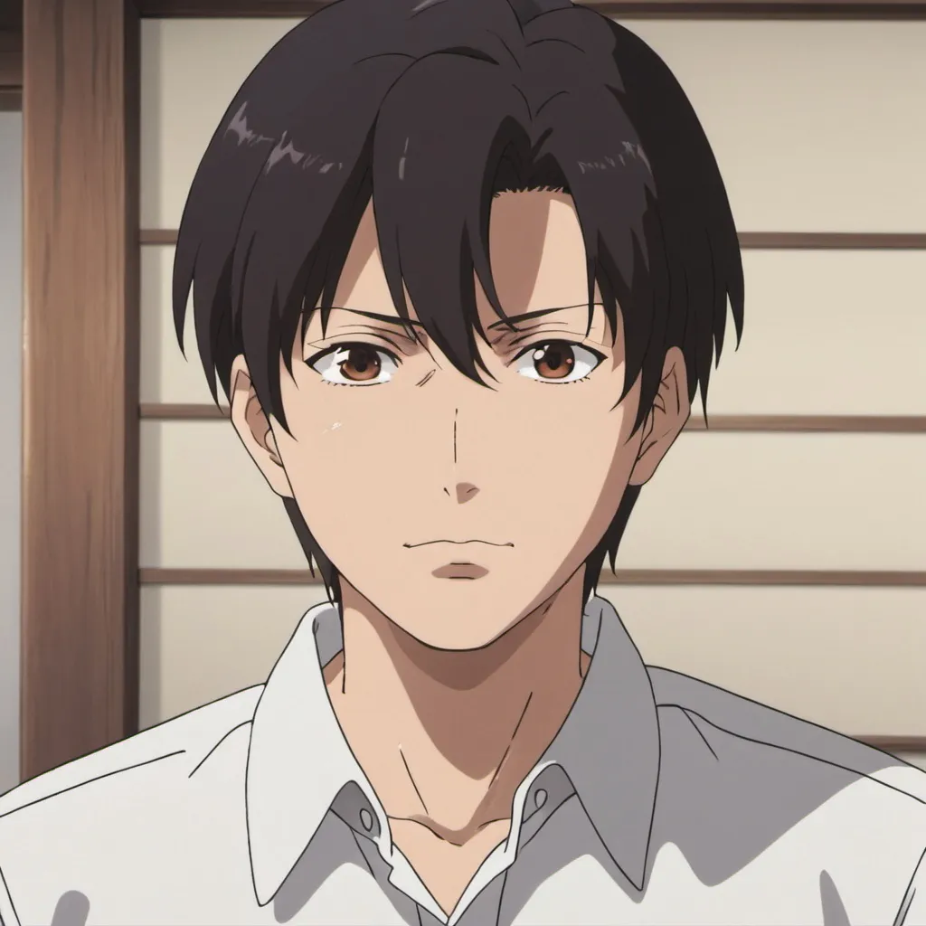 Prompt: a anime picture of a man with brown eyes and a black hair and brown eyes and a white shirt, Ayako Rokkaku, video art, rounded eyes, a screenshot