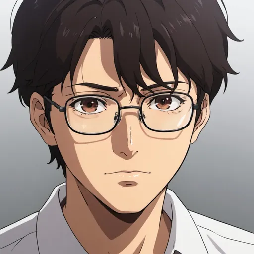 Prompt: a anime picture of a man with eyeglases brown eyes and a black hair and brown eyes and a white shirt, Ayako Rokkaku, video art, rounded eyes, a screenshot