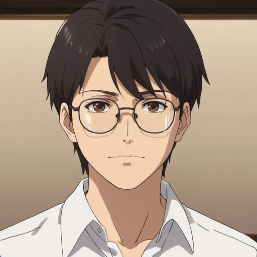 Prompt: a anime picture of a man with eyeglases brown eyes and a black hair and brown eyes and a white shirt, Ayako Rokkaku, video art, rounded eyes, a screenshot